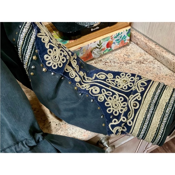 Free People Military Quills Golden Jacket Hood Embellished Black Gold - Picture 8 of 8